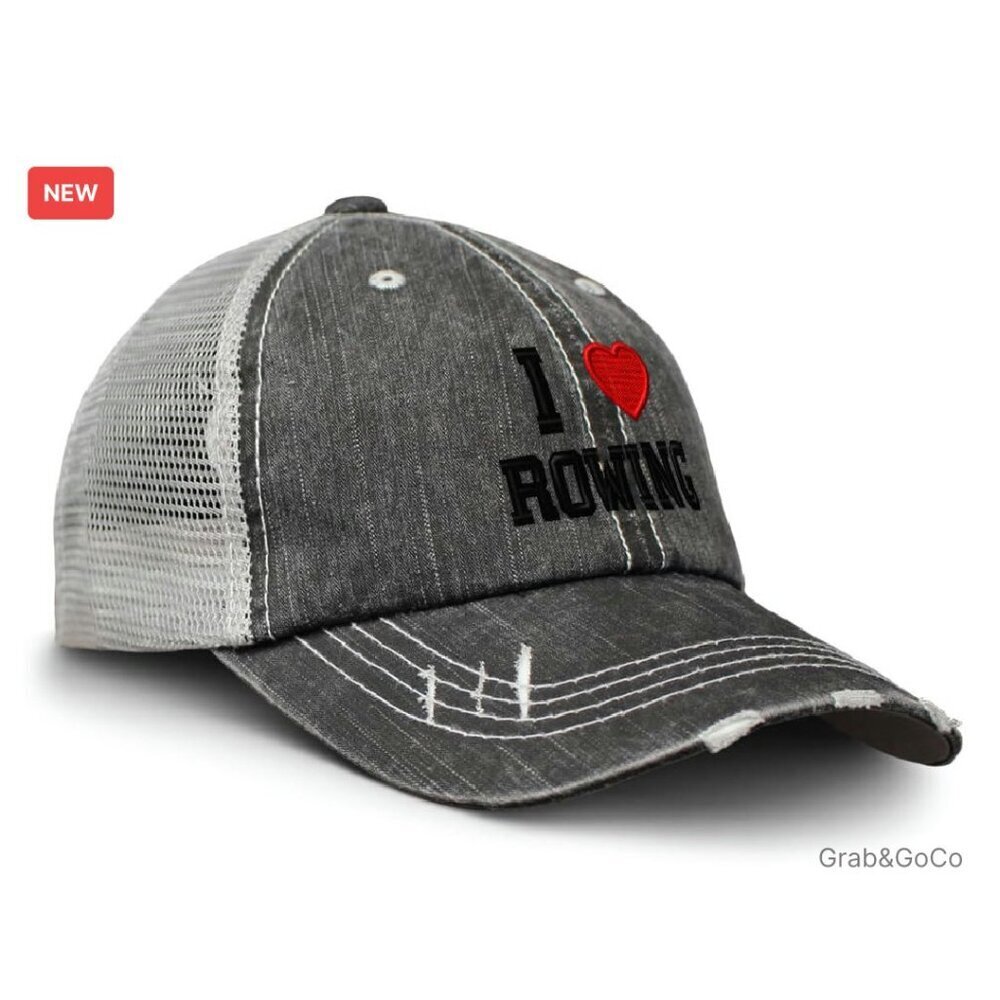 Vintage Distressed Trucker Cap Embroidered Rowing Heart Sporty Retro Fit